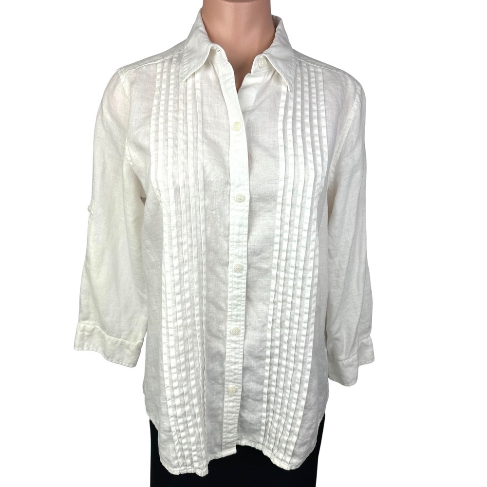 Liz Claiborne Size M Button Front Pintuck Pleats Collared 3/4 Sleeve 100% Linen